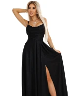 589-1 Dlouhé šaty s jemným třpytem a korzetovým zavazováním na zádech - ČERNÉ se třpytkami