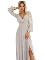 572-3 NELA třpytivé dlouhé šaty s výstřihem, dlouhými rukávy a rozparkem na nohou - BEACH