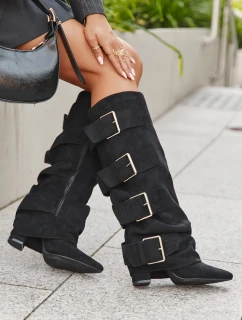 Dámské kozačky na podpatku s obráceným lemem a zlatými přezkami ekologický semiš černé Isavelle