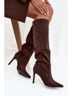 Zateplené dámské kozačky na jehlovém podpatku z eko semiše čokoládové Rosavine Zateplené dámské kozačky na jehlovém podpatku z eko semiše čokoládové Rosavine