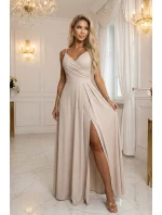 299-20 CHIARA Maxi šaty bez ramínek s obálkovým výstřihem a rozparkem na nohou - šampaňsko-béžové s třpytkami 299-20 CHIARA Maxi šaty bez ramínek s obálkovým výstřihem a rozparkem na nohou - šampaňsko-béžové s třpytkami