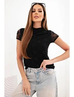 Dámská viskózová krajková halenka s krátkým rukávem a polo rolákem černá