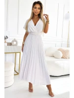 585-1 Plisované letní midi šaty s výstřihem a širokým páskem - ECRU