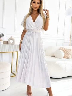 585-1 Plisované letní midi šaty s výstřihem a širokým páskem - ECRU