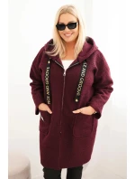 Dámský kabát Plus Size z umělé beránkové látky s kapucí a kapsami švestkový