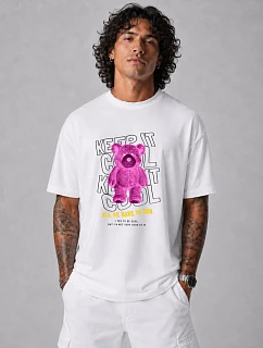 Pánské tričko oversize s potiskem medvídka bílé FashionStreet NX1030R