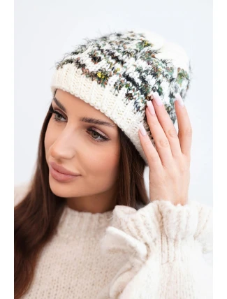 Dámská zimní čepice z vlny s norským vzorem K354 ecru+tmavě zelená
