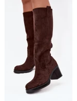 Zateplené dámské kozačky na masivním sloupkovém podpatku Sanelle – čokoládové Zateplené dámské kozačky na masivním sloupkovém podpatku Sanelle – čokoládové