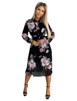 Plisované midi šaty s knoflíky a dlouhým rukávem Numoco CARLA - černé s květy