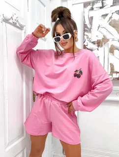 Růžový dámský bavlněný komplet - mikina a šortky (VE101)