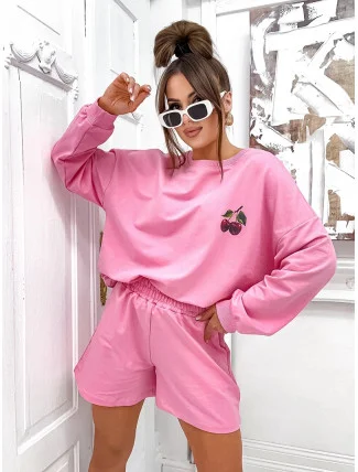 Růžový dámský bavlněný komplet - mikina a šortky (VE101)