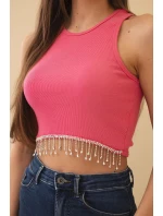 Dámský krátký žebrovaný top z bavlny s ozdobnými třásněmi růžová
