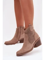 Dámské perforované kotníkové boty na podpatku S.Barski HY61-8013 Béžové