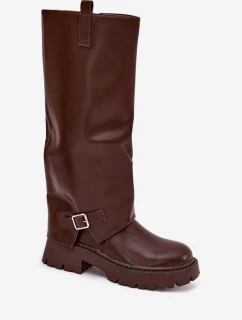 Dámské zateplené kozačky s vyhrnutou holení a přezkou Fiorae – čokoládové, eko semiš