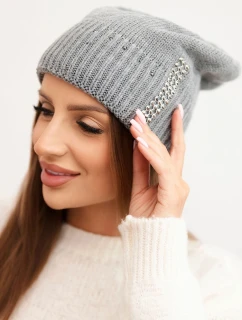 Dámská zimní čepice vlněná s cyrkony K453 šedá