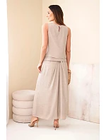 Dámský komplet s viskózou s tílkem bez rukávů a kalhotami se širokou nohavicí s ozdobným zakončením fango