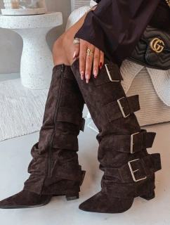 Dámské kozačky na podpatku s ohnutým horním lemem a zlatými sponami Eco semiš čokoládové Isavelle