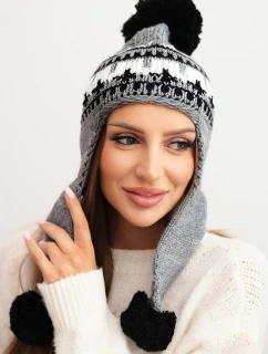Dámská zimní čepice vlněná s ušima a bambulkami K436 tmavě šedá