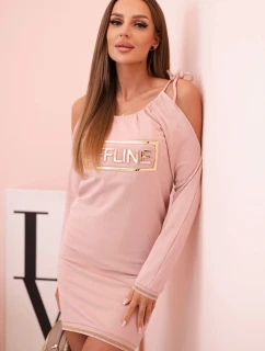Dámská bavlněná šaty s odhalenými rameny a nápisem OFFLINE tmavě pudrově růžová
