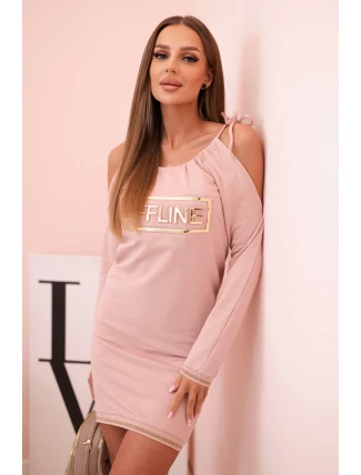 Dámská bavlněná šaty s odhalenými rameny a nápisem OFFLINE tmavě pudrově růžová