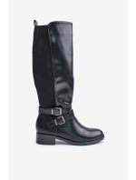 Dámské Kozačky Před Koleno Na Ploché Podpatky S Přezkami Černé Lotina