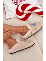 Dámské pantofle s ozdobami a sponou zateplené kožešinou béžové Thalora