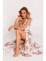 Dámské šifonové šaty M781 model 2 Ecru s květy - MOE Dámské šifonové šaty M781 model 2 Ecru s květy - MOE