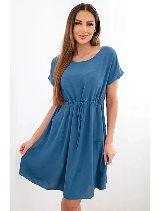 Dámské šaty s krátkým rukávem a vázáním v pase džínové