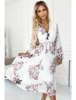 GEPPI - Bílé dámské plisované midi šaty s výstřihem, dlouhými rukávy, páskem a se vzorem růží 458-2