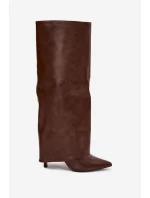 Zateplené Kozačky Na Jehlovém Podpatku S Otočeným Svrškem Čokoládové Tamonia