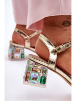 Dámské sandály na podpatku s krystaly zlaté SBarski