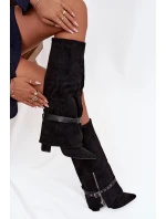 Dámské wsuwané kozačky nad koleno na sloupkovém podpatku s ozdobným páskem Jolivine – černé