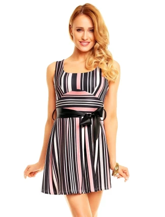 Dámské společenské šaty s páskem pruhované - Černo-bílá - House Style Dámské společenské šaty s páskem pruhované - Černo-bílá - House Style