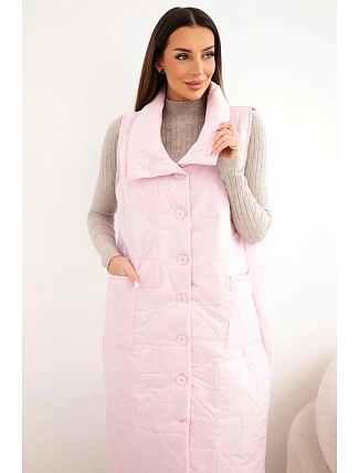 Dámská prošívaná dlouhá vesta s kapsami a stojáčkem bonbónově růžová