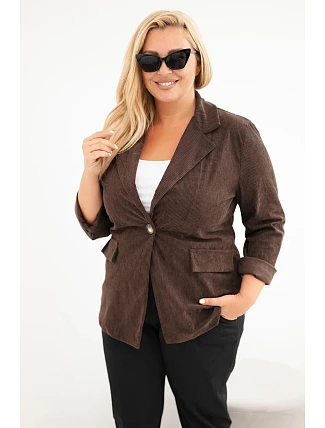 Dámské sako Plus Size manšestrové s klopami a kapsami hnědá