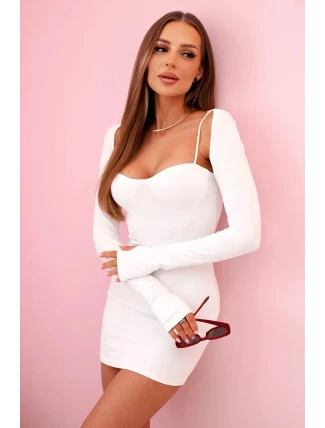 Dámské šaty na ramínka s vypasovaným bolerkem a vyztuženým poprsím ecru