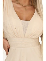 637-4 Dlouhé maxi šaty s brokátovými třpytkami a hlubokým výstřihem - šampaňsko-béžové