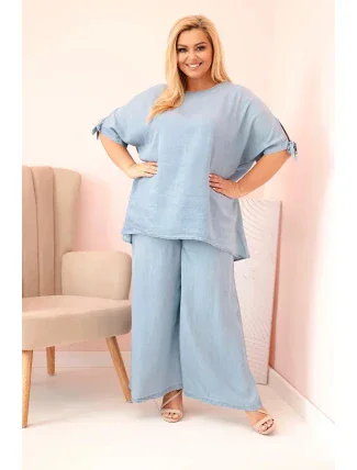 Dámská souprava Plus Size z tencelu, halenka s vázáním a široké kalhoty světlý džínový