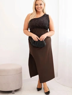 Dámská večerní šaty Plus Size na jedno rameno hnědá