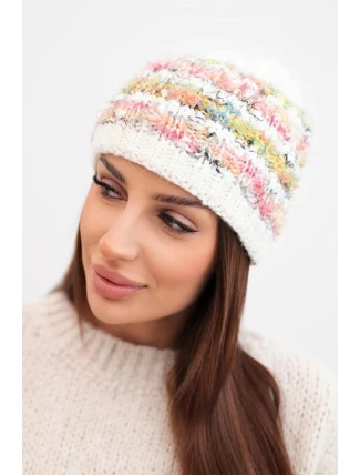 Dámská zimní čepice s barevným vláknem a elastickým stahováním K352 bílá+zelená+růžová neon