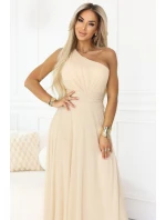 656-2 Dlouhé třpytivé večerní šaty na jedno rameno - šampaňsko-béžové