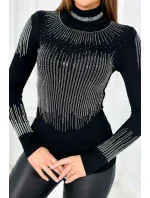 Pletená halenka s rolákem a motivem kubické zirkonie černá Pletená halenka s rolákem a motivem kubické zirkonie černá