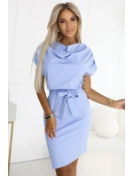240-6 ROXI šaty s asymetrickou sukní a páskem - MODRÉ