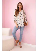 Lněná dámská halenka s květinovým vzorem, dlouhými rukávy a knoflíky Béžová