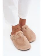 Kožešinové dámské pantofle na platformě s páskem a přezkou béžové Noraline