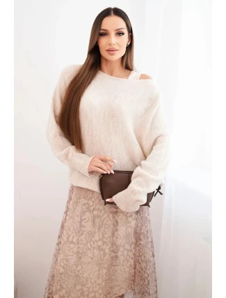 Dámský komplet s vlněným svetrem a viskózovou šaty béžový
