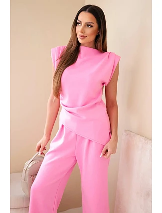 Komplet asymetrická halenka + kalhoty světle růžová