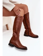 Kožené dámské kozačky na nízkém podpatku zateplené Zazoo 70150 hnědé