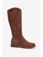 Dámské kozačky na plochém podpatku s prolamovaným vzorem S.Barski – hnědé Dámské kozačky na plochém podpatku s prolamovaným vzorem S.Barski – hnědé