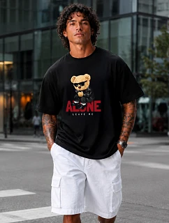 Pánské tričko oversize s medvídkem a nápisy černá FashionStreet NX1025R